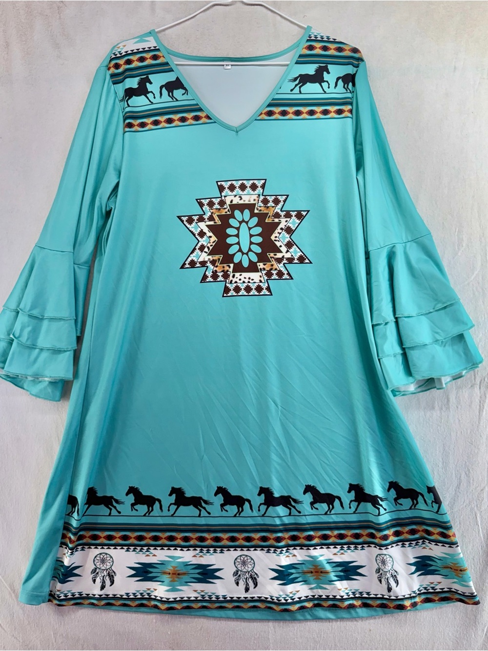 Southwestern Boho Tunic Turquoise Aztec Horse Equestrian V-Neck 3/4 Sleeve XL